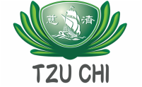 Tu Chi logo with green leaf like prongs encapsulating a logo with a ship and chinese writing. 